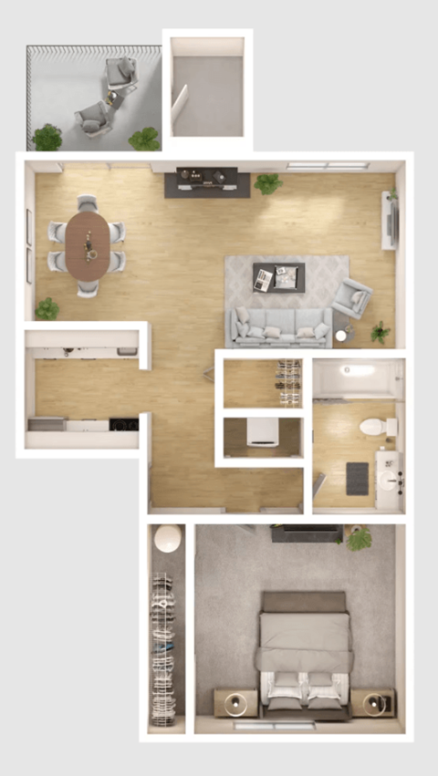 Floor plan for 1 bed, 1 bath, 628 sqft